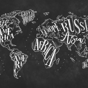 Fotobehang – Modern world map – black and white continents with English names