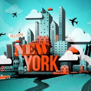 Fotobehang – Street Art – Red New York Text with Skyscraper and Car Motif