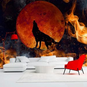 Fotobehang – Wild nature – wolf on a background of a red moon in flames of fire